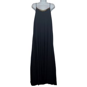 POOL TO PARTY BY SUBTLE LUXURY Gold Floral Stud Black Sleeveless Maxi Dress M/L